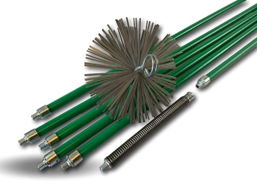 Kit de ramonage pro conduits non gainés | Hérisson acier | Ø 150 mm | 8 m en 6 cannes vertes autobloquantes Ø 18mm creuses | Ressort de départ | 5 * 1,4 m + 1 * 1 m | Cheminées | Kibros 5KIT15ACO