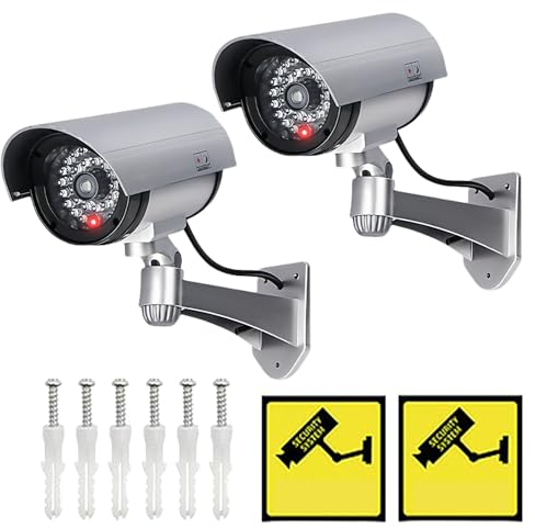 2pcs Caméra Factice, Caméras Factices, Camera Exterieur Caméra De Surveillance avec LED Clignotant Lumière Rouge, Autocollants D'avertissement De Sécurité Et Vis pour Usage Intérieur Extérieur Argent