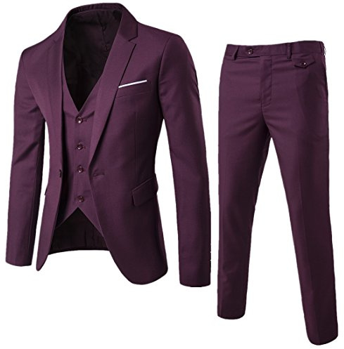 WSLCN Traje clásico de 3 piezas para hombre, trajes de boda de negocios, ajuste delgado, chaqueta de esmoquin, chaleco, pantalones, Vino, S