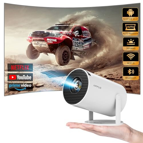 HIPPUS Mini Projector 1080P FHD 4K Support, Portable Projector with WiFi 6 and Bluetooth 5.2, Android 11 smart projector, 270° Rotatable, Auto Keystone HDMI/USB/PS5/Laptop,White