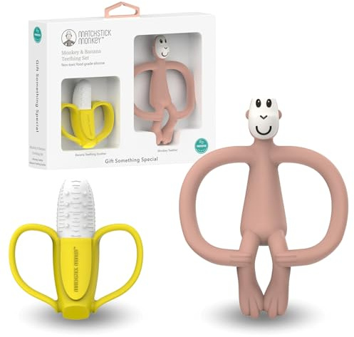 Matchstick Monkey Set regalo per massaggiagengive doloranti, antimicrobico, dentatura, applicatore gel per gengive doloranti, senza BPA, facile da impugnare, dai 3 mesi in su (giallo/rosa)