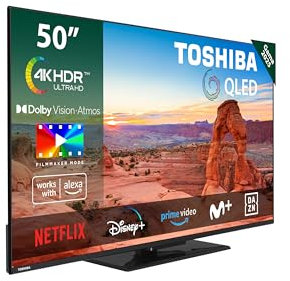 Toshiba 50QV3463DG Smart TV QLED 4K UHD de 50, sans cadre, avec HDR10, Dolby Audio, compatible avec assistant vocal Alexa, Bluetooth
