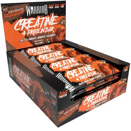 Warrior RAW Creatine Protein Bar, 20g High Protein Oat Flapjack With 3g Creatine, Low Sugar Protein Bar, Gym Snack For Muscle Growth & Recovery, Pre Or Post Workout, 12 x 75g (Salted Caramel Brownie)