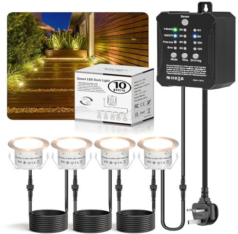 10er Set Dimmbar Terrassen Einbaustrahler, IP67 Wasserdicht Bodeneinbaustrahler Aussen, Timer ＆ Photozellensensor, 0,6W Ø32mm Warmweiß Led Terrassenbeleuchtung Außen mit Niedervolt Transformator
