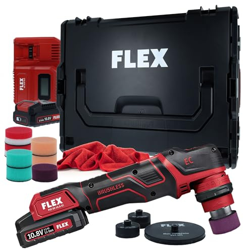 FLEX Mini lucidatrice a batteria PXE 80 10.8-EC/2,5 | set di lucidatrici professionali per auto con caricatore + 2 batterie + piatto da 30 mm e 75 mm + accessori | lavoro eccentrico e rotativo