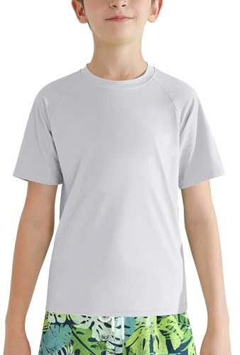 Valcatch Boy's Girls UPF 50+ Rash Guard Swim Shirts Kids Teens Quick Dry Athletic Short Sleeve T Shirt UV Fishing Surfing Water Beach Tops Running Workout Gym Active Tee Shirt Light Grey