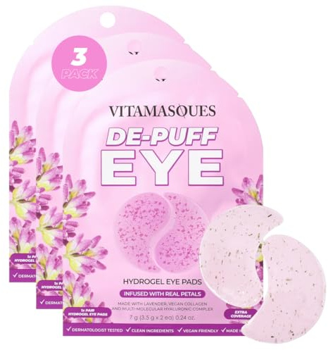 Vitamasques De-Puff Hydrogel Eye Pads with Lavender & Vegan Collagen, Under Eye Mask, Birthday Gifts For Women, Reduce Dark Circles, Puffy Eyes, Undereye Bags, Wrinkles - Under Eye Patches (Pack of 3)