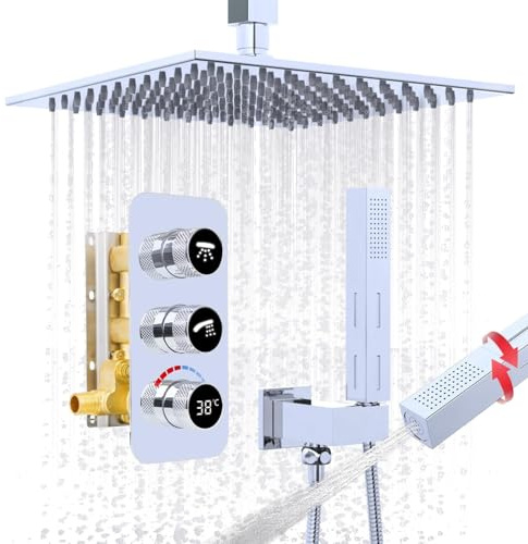 GETSHOWERSET Rainfall Shower System, 10 Inch Rain Shower Head with 2 in 1 Handheld, Ceiling Mounted Shower Faucet Set, Chrome