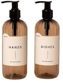 Soap Dispenser Bottle Set Light Amber Color I 2 Pump & 2 Spray Heads Included I 500ml I Durable Plastic Bottles for Hand & Dish Soap – Elegant Home & Kitchen Decor with Gift Drawstring Bag