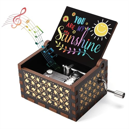 Qzakce Carillon in Legno a Manovella Nero con Musica You Are My Sunshine Vintage Regalo Musicale per Compleanno Anniversario Natale San Valentino per Bambini Amici