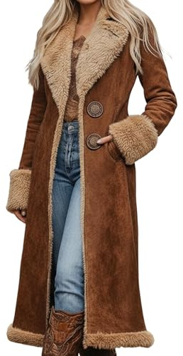Generisch Trechcoat da Donna Lungo Mantello Autunno Inverno in Pile Cappotto Imbottito Retro Western Cowboy Trechcoat Windbreaker Moda Giacca in Pile Calda Mantello Autunnale, caffè, M