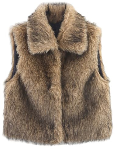 Comebachome Chaleco De Piel Sintética, Elegante Cuello De Solapa Sin Mangas Con Botones Chaleco Peludo Corto De Invierno Para Mujer, Gris Marrón, M, Heimdekorationen