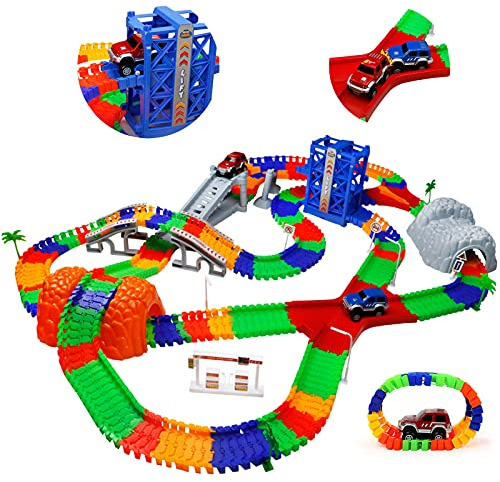 Autorennbahn Kinder Spielzeug ab 3 4 5 Jahre mit 2 Spielzeugauto, Kinderspielzeug ab 3 4 5 6 7 Jahre Junge，309PCS Car Track Rennbahnen, Racing Geschenk 3 4 5 Jahre Junge Mädchen, 505cm Länge Rennbahn