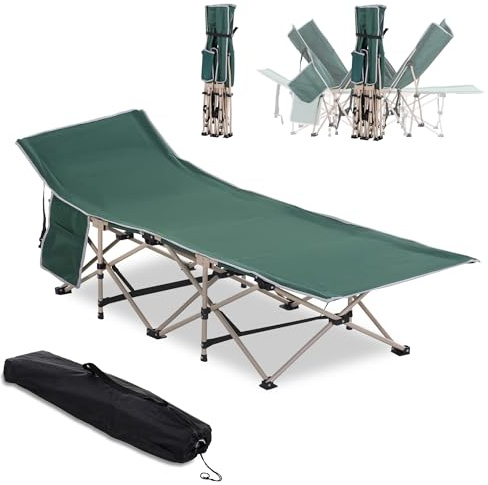 Outsunny Single Person Camping Bed Folding Cot Outdoor Patio Portable Military Sleeping Bed Travel Guest Leisure Fishing with Side Pocket and Carry Bag - Green