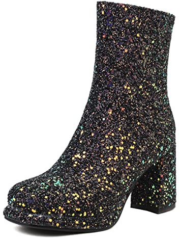 Bviennic Femmes Mariage Bloc Bottes Chelsea Sequins Warm Robe Chaussures Elegant Fête Plateforme Ankle Bottillons Mode Noir Taille 39 EU-40Cn