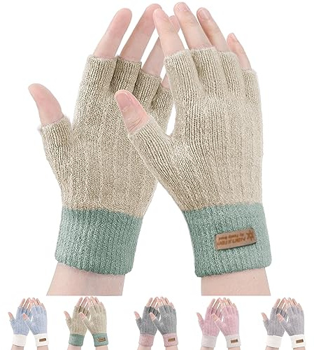 FCHUI Gants d'hiver sans doigts - Gants chauds en tricot à demi-doigts pour femmes - Gants thermiques sans doigts pour dames à demi-doigts pour la course à pied et le ski, beige, M