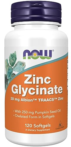 Now Foods, Zinc Glycinate, 30mg, Depot, High Dose, 1 Capsule Every 2 Days, with Pumpkin Seed Oil, 120 Capsules, Gluten Free, Soy Free, Non-GMO