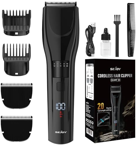 Sejoy Cortapelos para hombres, recortadora de barba recargable inalámbrica, pantalla LED, cortapelos para hombres, mujeres, niños, corte de pelo en casa con 2 cuchillas de repuesto, Negro -