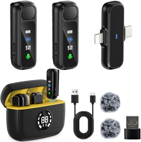 LIUWID Microfono Lavalier Wireless,Mini Microfono Vlog con Display Digitale, Custodia di Ricarica,Cancellazione del Rumore,Microfono Wireless Lavalier 3 in 1 per La Registrazione Video (Giallo)