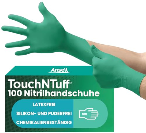 Ansell TouchNTuff 92-600,Nitril- Einmalhandschuhe, Einweghandschuhe für Lebensmittel, Chemikalienschutzhandschuhe mit hohem Schutz, Latexfreie Handschuhe, Grüne Nitrilhandschuhe, 100 Stück, Gr. XS