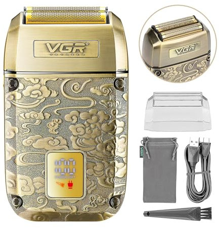 VGR Afeitadora de papel de aluminio para hombre con cortador central, maquinilla de afeitar eléctrica inalámbrica para cara, cabello, barba, cuello, cabeza calva, 8500 rpm, batería recargable USB-C de