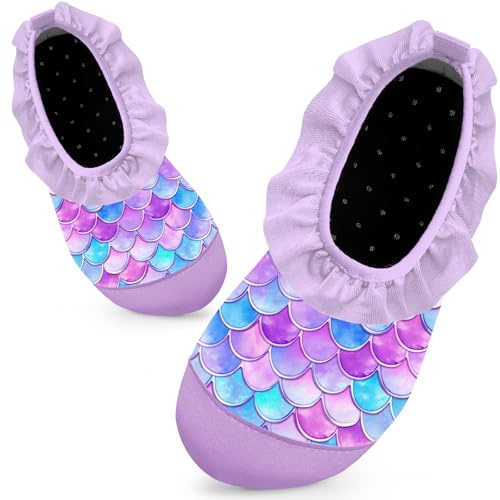 Kids Swim Water Shoes for Girls Toddlers Baby Aqua Socks for Kids Quick Dry Pool Beach Barefoot Children（Purple Fish Scales 20/21