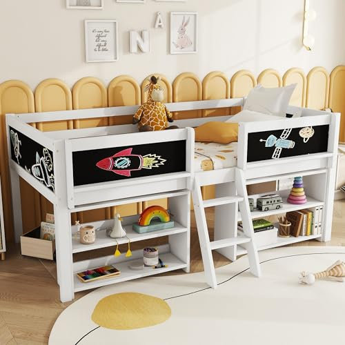 Soweiz Cuna con somier de listones y rejilla, cama de media altura, varios estantes para almacenamiento, barandilla, escalera, madera de pino, sin colchón, estilo minimalista, 90 x 200 cm (blanco)