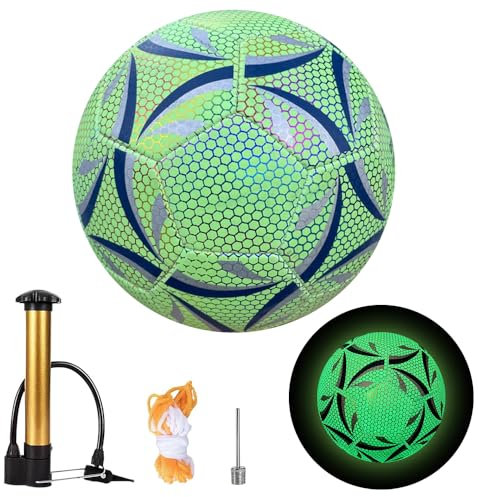 SKIKHN Leuchtender Fußball Größe 5, Reflektierender Fußball Im Dunkeln, Reflektierender Soccer mit Pumpe und Tragetasche, Leuchtender Fußball für Nachtspiele, Jugendliche und Erwachsene