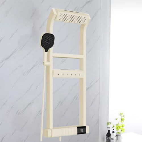 XEEAOFE Conjunto De Columna De Ducha con Cabezal De Cascada Tipo Lluvia Y Chorros Corporales De Masaje Ajustables, Pantalla Led De Temperatura En Grados Celsius Y Rociador De Mano,White