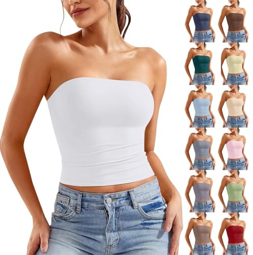 PINTUTU Bandeau Tube Top Femme Haut Court Dos Nu T-Shirt Sexy Caraco sans Bretelles Débardeur sans Manches Y2K Crop Top Bustier Mode Couleur Unie Slim Fit Tube Tops