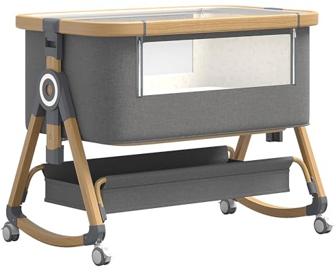 ALYIKOU Beistellbett 3 in1 Babybetten Tragbar Babybett mit atmungsaktivem Netz und Laken, Verstellbarer Stubenwagen Beistellbett mit Aufbewahrungskorb (Goldgrau)