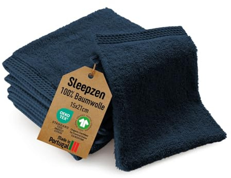 SLEEPZEN - Lot Gant de Toilette Coton Bio (Lot de 6 - Bleu Poséidon) Certifié GOTS - 500 g/m² Certifié Oeko-Tex - Gants de Toilette Ultra-Absorbant - Extra Doux - Fabriqué au Portugal