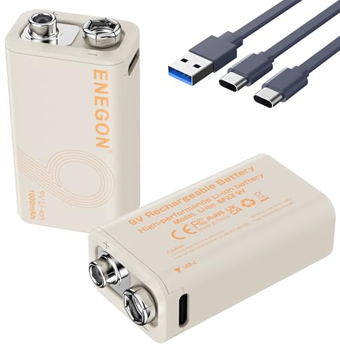 ENEGON 9V 2 pacchi Batterie Litiche Ricaricabili 3,7Wh/1000mAh Tipo-C Carica Veloce, 9V/0,6A Uscita Stabile, Compatibile con Multimetro/Microfono Wireless/Rilevatore di Fumo e Altri - 6F22