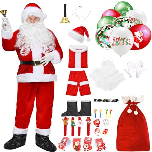 Moerstar Vestito Babbo Natale Uomo, Set Costume Babbo Natale Deluxe con Barba, Cappello, Cintura, Stivali, Sacco Natalizio e Christmas Surprise Gifts Costume Cosplay Santa Claus (B01, XL)