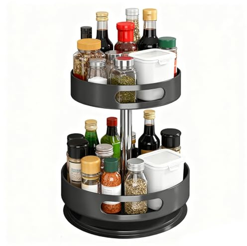 Étagère à Épices Rotative à 2 Niveaux, Rangement Épices Rotative en Métal pour Placards, Étagère Plateau Tournant Epices pour Cuisine, Organiseur pour Cosmétiques et Salle de Bain