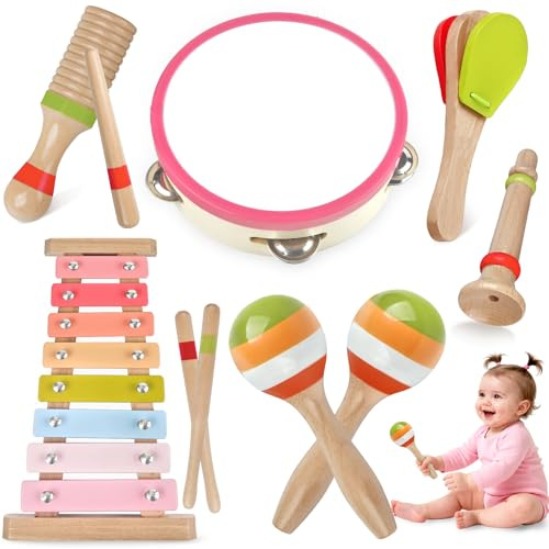 Instruments de musique pour bébé - Jouet Montessori en bois pour les tout-petits de 1 à 3 ans - Instruments de percussion avec xylophone bohème moderne pour enfants de 3 ans et plus