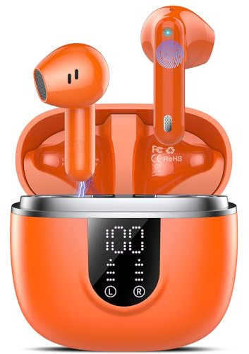 Jesebang Auriculares Bluetooth, auriculares inalámbricos Bluetooth 5.4, micrófono con cancelación de ruido, HiFi estéreo de bajos bajos, naranja