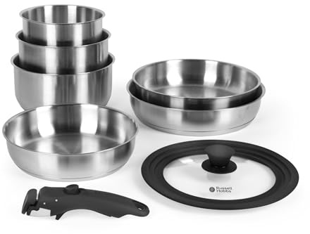 Russell Hobbs 6-Piece Pan Set – 20/24/28 cm Frying Pans, 18/18/20 cm Saucepans with Universal Glass Lid, Stainless Steel, Detachable Clip-On Handle, Stackable, PFAS-/PFOA-Free, Oven Safe up to 200 ºC