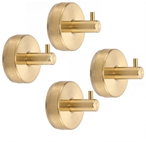 Suction Cup Hooks, 4 Pack Gold Stainless Steel Suction Hook for Shower | Tool-Free Install, Removable & Reusable, Holds Up To 15 Lb, For Smooth Non-Porous Surfaces