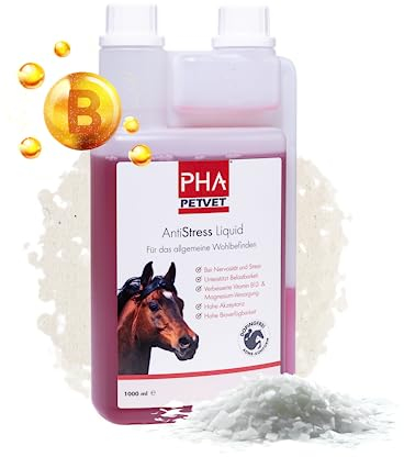 PHA Antistress Liquid für Pferde - Natürliche Unterstützung bei Nervosität, Angst & Stress, mit Vitamin B12, Magnesium, Calcium, Zink & Tryptophan, 1L