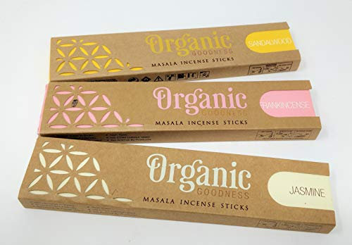 Organic Goodness Masala Incense Sticks Set – 3 Fragrances (Sandalwood, Olibanum, Jasmine) with JRose Incense Burner – Natural Aromatherapy Gift Pack J01