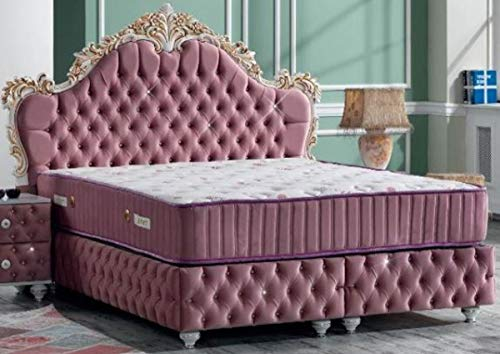 Casa Padrino Barock Doppelbett Rosa/Weiß/Antik Gold - Prunkvolles Samt Bett mit Glitzersteinen und Matratze - Schlafzimmer Set im Barockstil