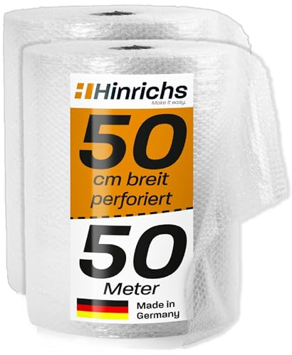 Hinrichs Luftpolsterfolie Rolle 2x 50m x 50 cm perforiert - Ideal für Versand, Verpackung und Umzug - 100% recyclingfähig - Bubble Wrap als Verpackungsmaterial - Noppenfolie - Polstermaterial