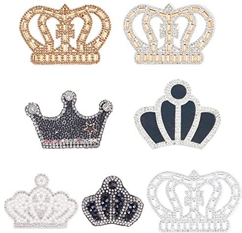 FINGERINSPIRE 7 parches de ropa de corona de diamantes de imitación, estilo mixto y tamaño de cristal coser/parches para planchar con purpurina para reparación de ropa, zapatos