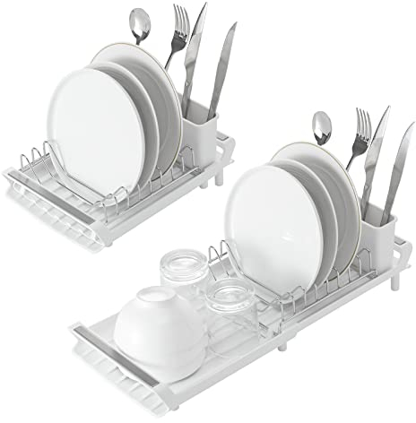 Compact Dish Drainer Expandable Dish Drying Rack with Removable Cutlery Holder Stainless Steel & Plastic Dish Rack Non-Scratch Small Kitchen Dish Drainer Rack, White