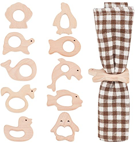 WEBEEDY 10 Pcs Ronds de Serviette en Bois Faits à la Main Animal Marin Anneau de Serviette Table Dîner Décor Faveur pour Mariages Fêtes Réglage de la Table Centre de Table Décor