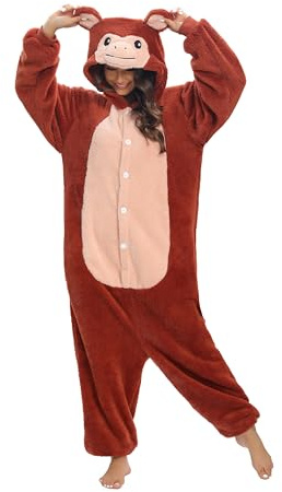 chuangminghangqi Pyjama Barboteuse Combinaison Animal Adulte Unisexe Costume Onesie Sleepwear Jumpsuit Vêtement Nuit Capuche Grenouillère Loungewear Chaud Douce Party Fête Soirée (Singe,L)