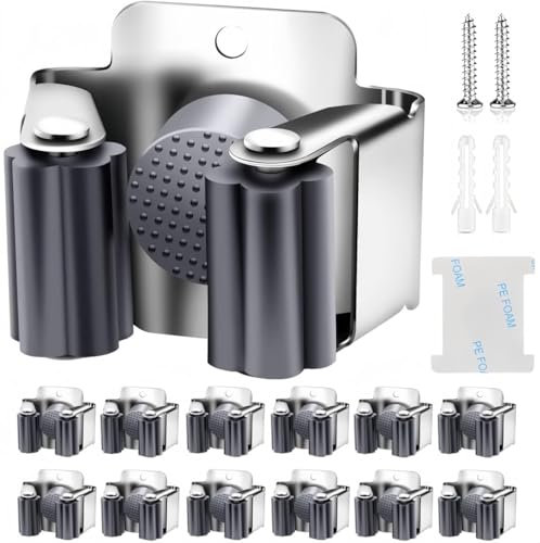 KAHEIGN 12Pcs Gerätehalter Set, Besenhalterung Wand Gartengerätehalter Besenhalter Wand, Edelstahl Wandhalterung für Wischmopp, Besen, Schaufel, Gartengeräte, Werkzeughalter Zuhause Garten