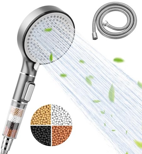 Cabezal de Ducha de Alta Presión Con 5 Modos y Filtro de Agua Dura, Universal de Flujo Potente Con Filtro de Perlas y Manguera de 2M Para Agua Dura de Baja Presión