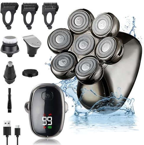 BelonLink 5 in 1 Rasoio Testa Calva Uomo, 7D Rasoio Elettrico Barba, Impermeabile Rasoio Elettrico, Tagliacapelli Uomo Wet/Dry, con 7 Testine Rotanti, Display LED, USB Ricaricabile, per Capelli Barba